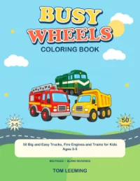 Cover: a fire engine, a dump truck and a train on a sky-blue background.