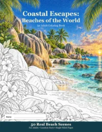 Cover: a beach with palms and a sunset, half in colour and half in line art.