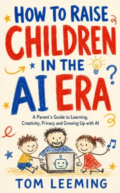 Cover: the title in red and blue crayon lettering on cream paper, over a child’s drawing of a dad and two kids around a laptop with a smiling robot.