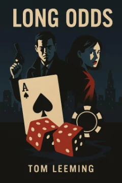 Cover: a noir poster of a man with a pistol and a woman above an ace of spades, red dice and a chip, against a dark city skyline.