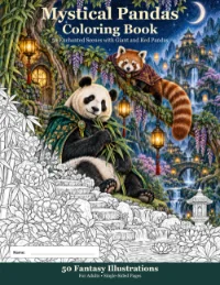 Cover: a giant panda in a green cloak and a red panda on a branch in a lantern-lit fantasy forest, with the flowers in the foreground left in line art.