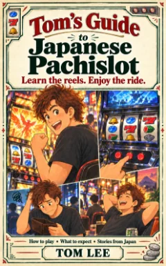 Cover: a cream vintage-poster frame with the title in red and dark-green serif type, over four anime-style panels of a curly-haired player at slot machines.