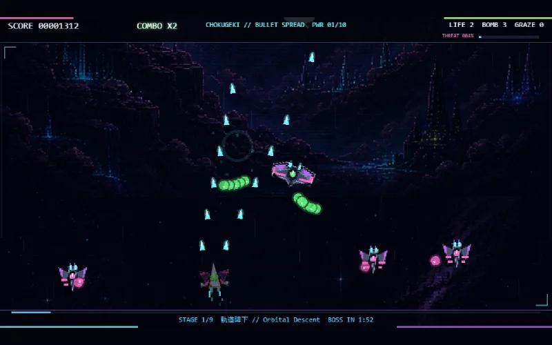 BAREKASU mid-game: a ship firing up through a neon asteroid belt