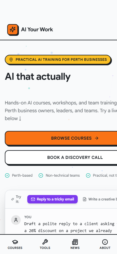 Mobile homepage preview of AI Your Work
