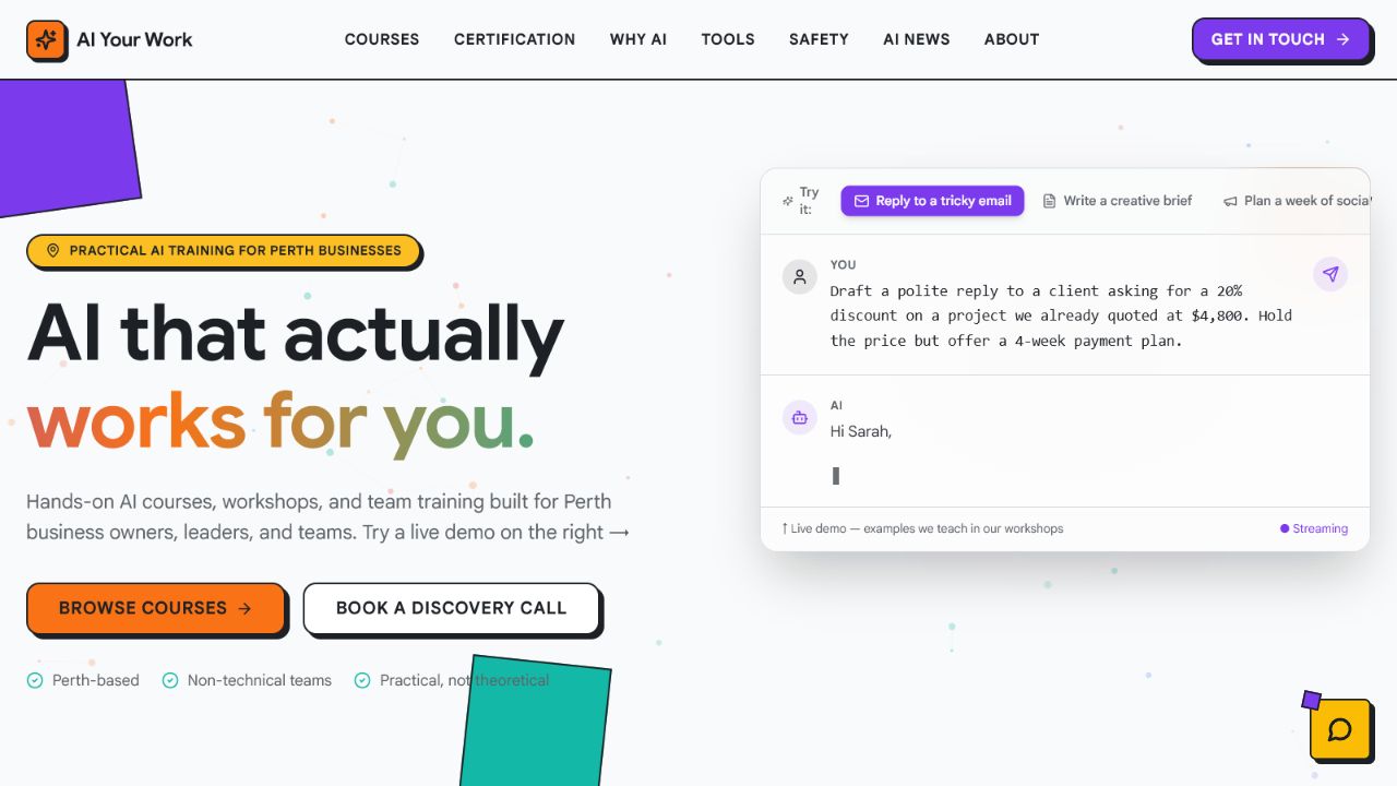 AI Your Work practical AI training website interface