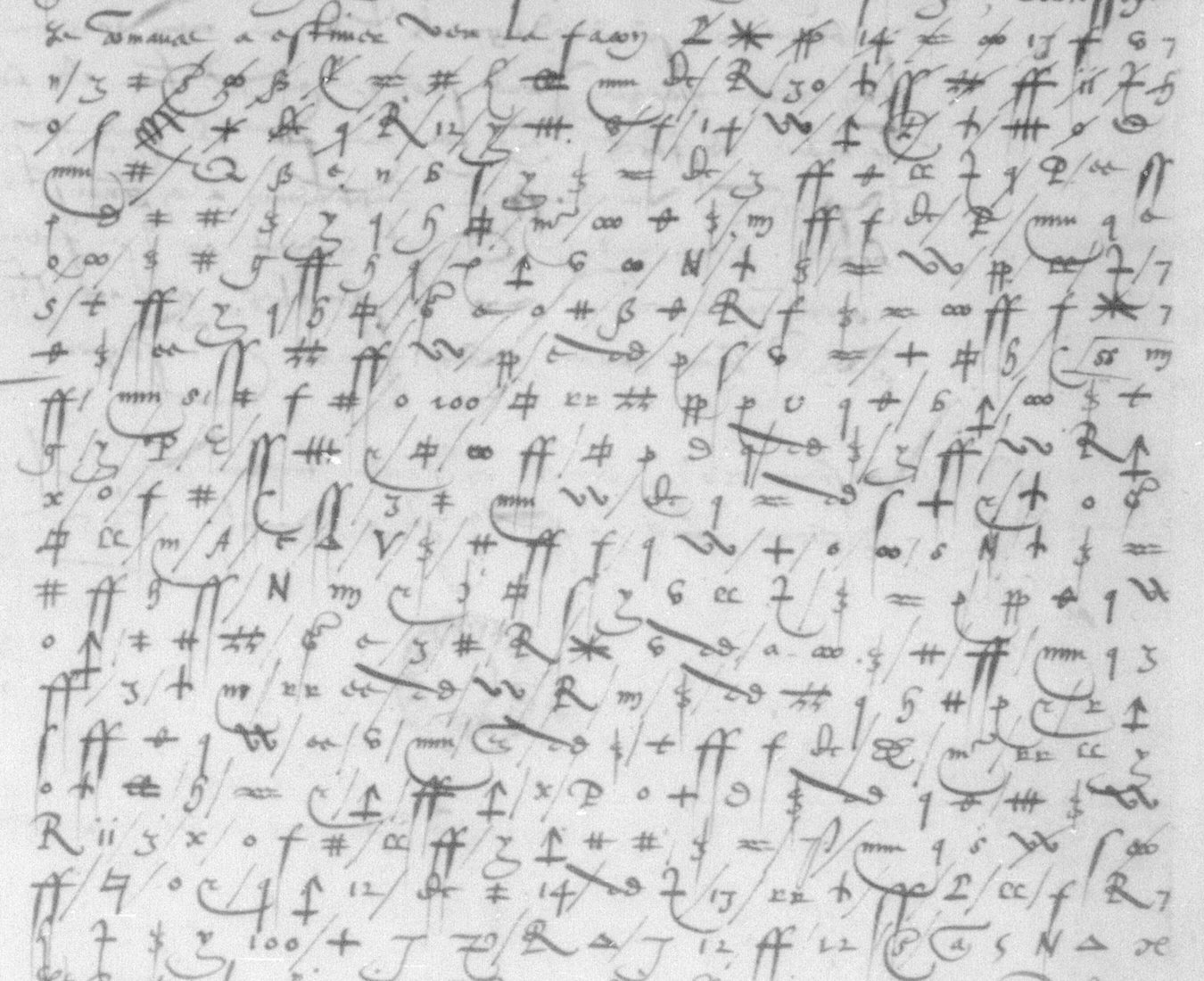 Twenty lines of cipher written in small drawn signs, hash shapes, crosses, loops and letter-like forms, crossed by thin slanting strokes